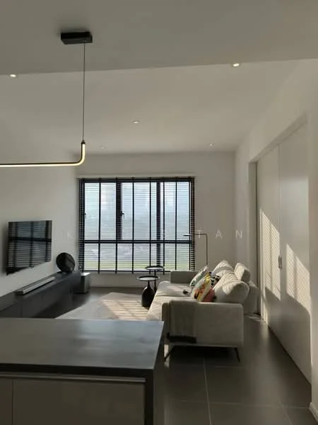 Living features: floor-to-ceiling windows, blackout blinds, light grey walls, recessed downlights, modern pendant light, 3-seater fabric sofa in white, decorative cushions, TV console, wall-mounted TV, light grey tile flooring, coffee table, area rug; style: modern; view: city.