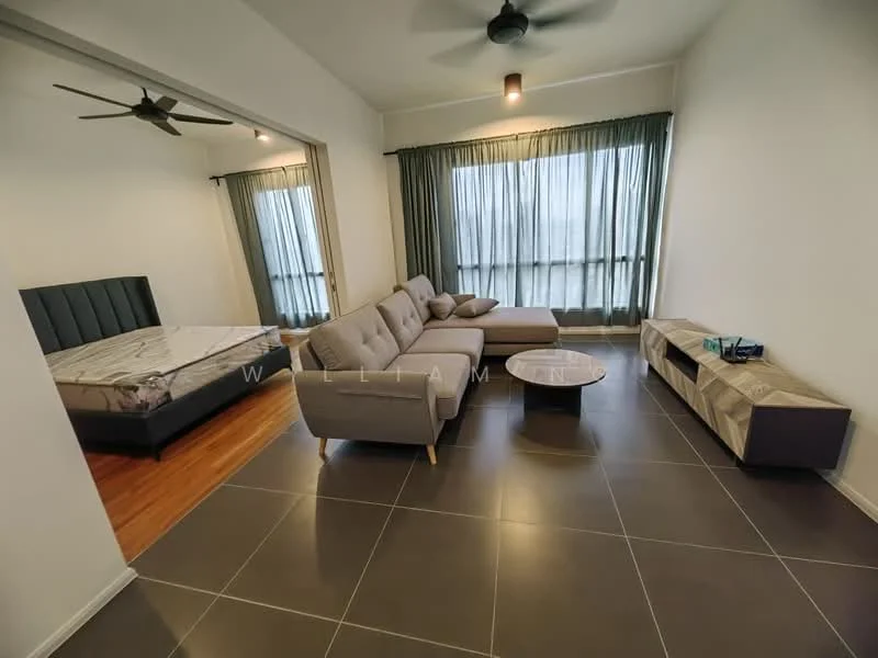 Living features: 3-seater fabric sofa in grey, L-shape sectional sofa, coffee table, TV console, wall-mounted TV, area rug, ceiling fan, floor-to-ceiling windows with sheer curtains, wooden flooring, decorative wall with light fixtures; style: modern. Room features: queen-size bed, upholstered headboard, bedside lamps, curtains.