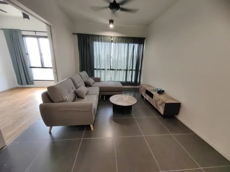 Living features: 3-seater fabric sofa in grey, L-shape sectional sofa, round coffee table, TV console, wall-mounted TV, floor-to-ceiling windows, sheer curtains, dark tiled flooring, ceiling fan with light, decorative wall, neutral painted walls; style: modern.