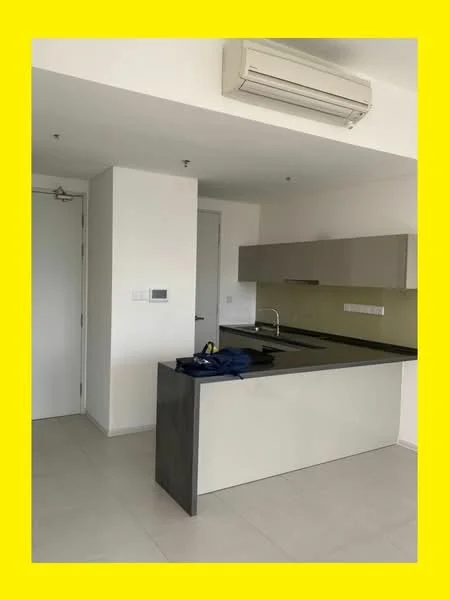 Kitchen features: grey cabinetry, white countertop, stainless-steel sink, chrome pull-down faucet, built-in oven, ceramic tile flooring, wall-mounted split AC, backlit backsplash, open shelving, recessed downlights; style: modern. Room features: white painted walls, door to hallway.