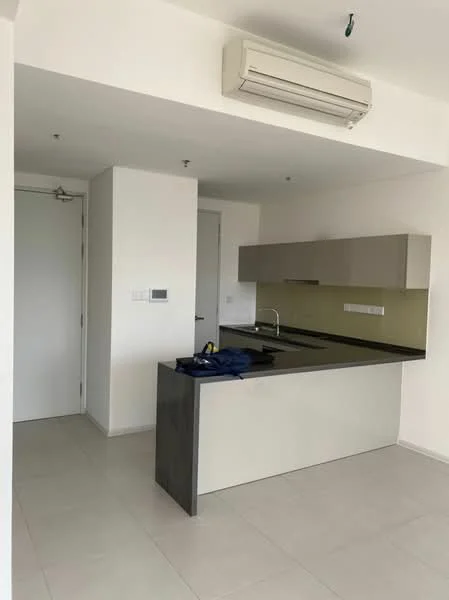 Kitchen features: grey cabinetry, black countertop, single-bowl stainless-steel sink, chrome pull-down faucet, built-in oven, stainless-steel range hood, 2-blade ceiling fan, tile flooring, white painted walls, wall-mounted split AC; style: modern.