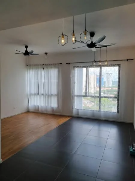 Living features: wooden flooring, grey ceramic tile flooring, 2 ceiling fans, floor-to-ceiling windows, sheer curtains, blackout curtains, recessed downlights, decorative pendant lights, open layout, view of city skyline; style: modern; view: city.