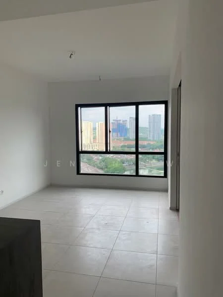 Room features: white painted walls, tile flooring, floor-to-ceiling windows, city view, minimalist design, neutral color palette, natural light, open layout; style: modern; view: city.