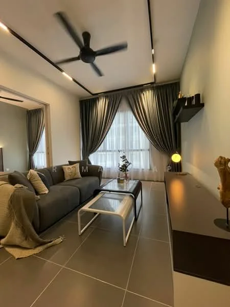 Living features: 3-seater fabric sofa in grey, coffee table with white top and black legs, ceiling fan with 3 blades, floor-to-ceiling windows, sheer curtains, dark wood console table, decorative vase on console, decorative wall art, tile flooring in light grey, recessed downlights, accent wall in light green; style: modern.