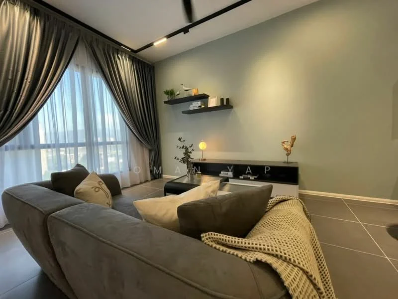 Living features: grey fabric sofa, decorative throw blanket, coffee table, wall-mounted shelf, decorative items on shelf, floor-to-ceiling windows, curtains, light fixture, accent wall in light blue, tile flooring, wall-mounted TV unit, area rug; style: modern; view: city.