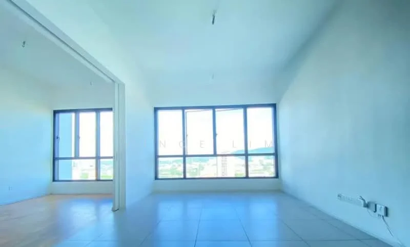 Room features: large floor-to-ceiling windows, neutral painted walls, tile flooring, city view, minimalist design, bright natural light, open layout, no visible furniture; style: modern; view: city.