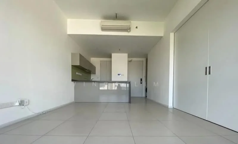 Living features: light grey tiled flooring, white painted walls, split air conditioning unit, open kitchen layout, large windows, recessed ceiling lights, neutral color scheme, minimalist design; style: modern.