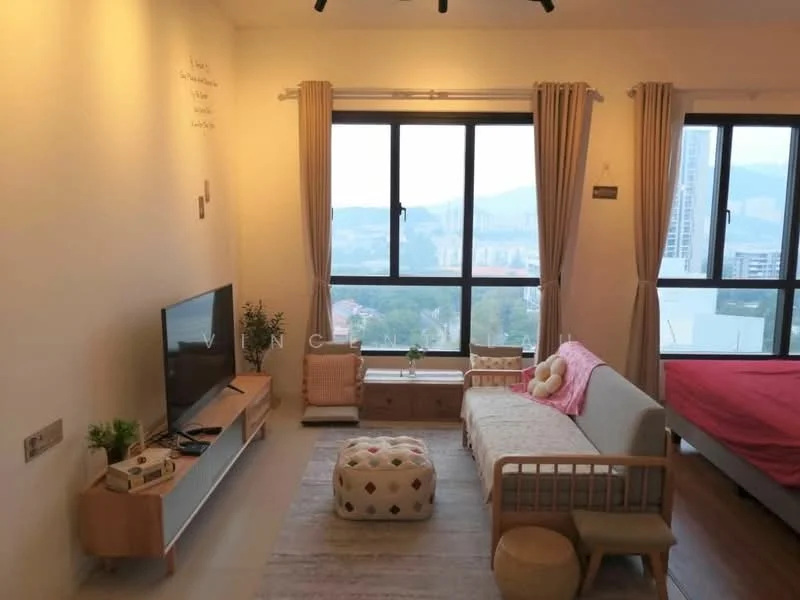 Living features: floor-to-ceiling windows, curtains, light wooden flooring, sofa with light fabric upholstery, coffee table, TV console, wall-mounted TV, decorative cushions, potted plant, area rug, wall decor with text, bed in background with red bedding; style: modern; view: city.