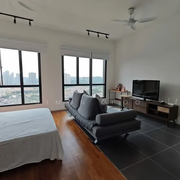 Living features: floor-to-ceiling windows, city skyline view, grey fabric sofa, wooden coffee table, TV console, wall-mounted TV, ceiling fan, wooden flooring, black tile flooring, white walls; style: modern; view: city.