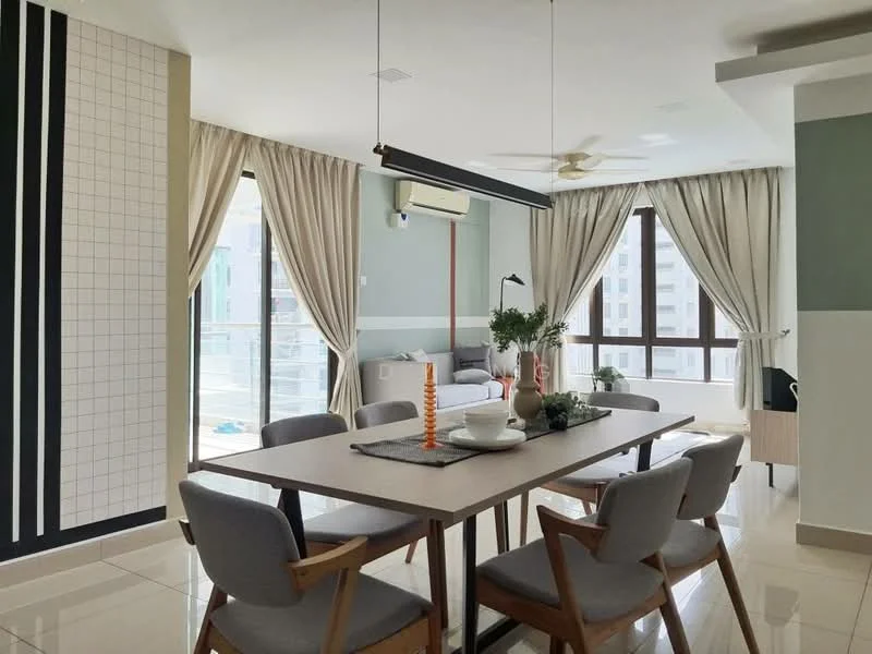 Dining features: dining table with light wood finish, 4 grey upholstered dining chairs, pendant light fixture, 5-blade ceiling fan, large windows with sheer curtains, white walls with grid pattern accent, green accent wall, tile flooring, decorative plant on table, table setting with dish and utensils; style: modern; view: city. Living features: sofa in light grey fabric, floor-to-ceiling windows, curtains in light fabric; style: modern; view: city.
