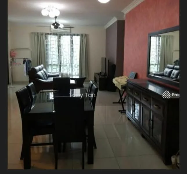 Living features: 3-seater leather sofa, 2-seater leather sofa, glass coffee table, TV console, wall-mounted TV, dining table with 6 chairs, ceiling fan with light, recessed lighting, cream painted walls, tile flooring, large windows with sheer curtains, decorative mirror, wooden sideboard; style: contemporary.