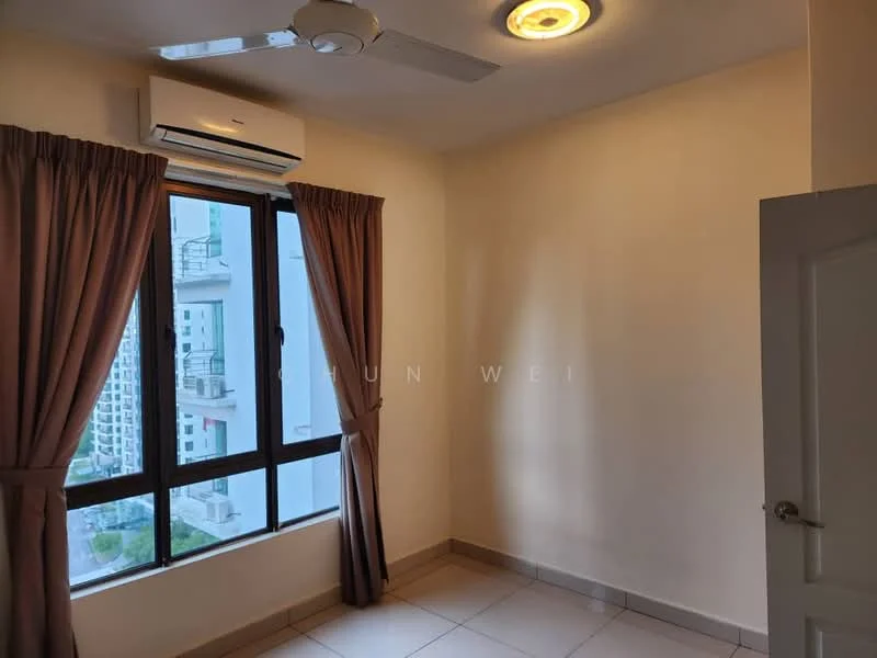 Room features: white painted walls, tile flooring, 1 wall-mounted split AC, 5-blade ceiling fan, floor-to-ceiling window, sheer curtains, light fixture in ceiling, corner view; style: modern; view: city.
