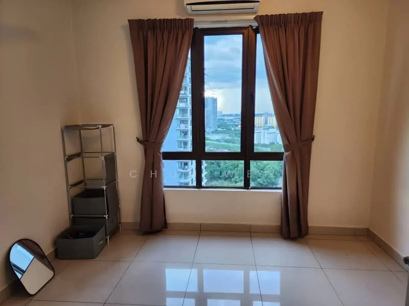Room features: floor-to-ceiling window, brown curtains, cream painted walls, tile flooring, air conditioning unit, mirror, metal shelving unit, grey storage box; view: city.