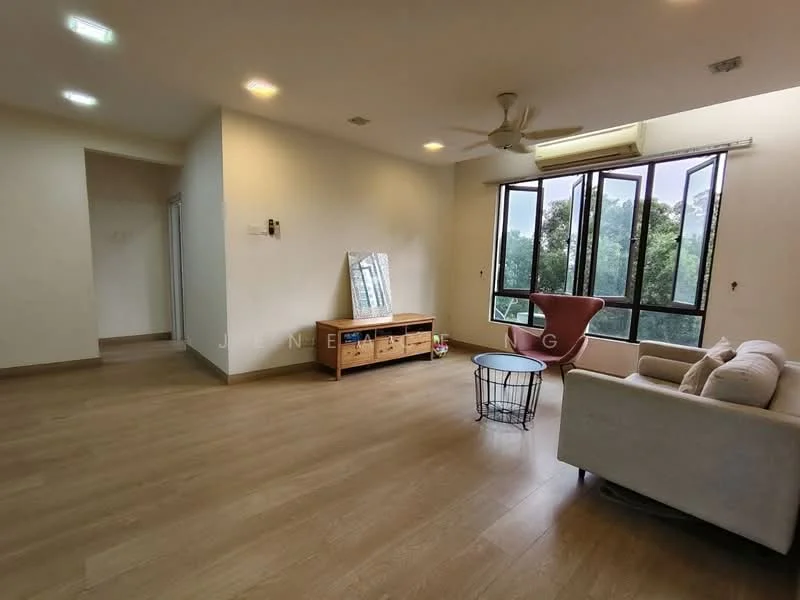 Living features: laminate flooring, white painted walls, 5-blade ceiling fan, large floor-to-ceiling windows, natural light, TV console, decorative mirror, sofa in light color, accent chair in red, coffee table, greenery view; style: modern; view: garden. Room features: laminate flooring, white painted walls, doorway leading to hallway.