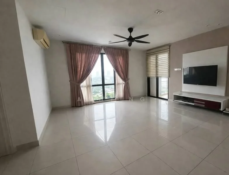 Living features: floor-to-ceiling windows, sheer curtains, blackout curtains, 3-blade ceiling fan, wall-mounted TV, white TV console, red accent cabinetry, glossy tile flooring, light grey painted walls, recessed downlights, city view; style: modern; view: city.