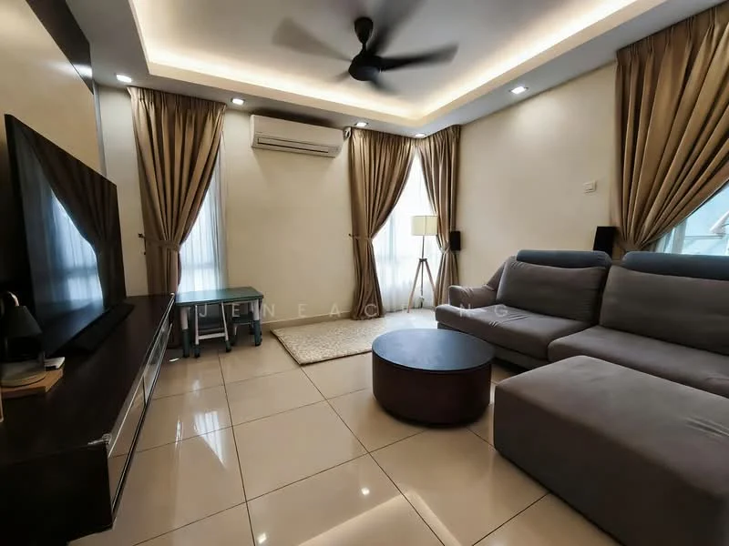 Living features: 3-seater fabric sofa in grey, L-shape sectional in grey, coffee table with round top, TV console, wall-mounted TV, area rug, 5-blade ceiling fan, recessed downlights, floor-to-ceiling windows with sheer curtains, cream painted walls, glossy tile flooring, air conditioning unit; style: modern.