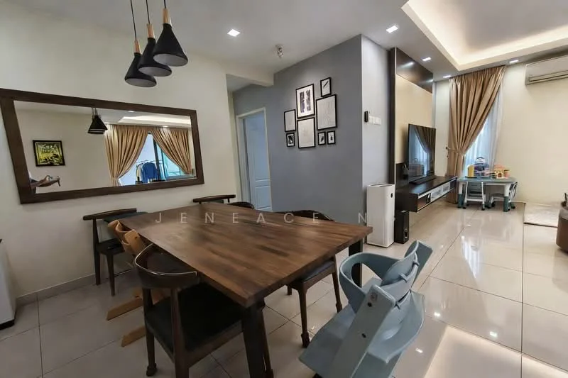 Dining features: wooden dining table, 4 dining chairs, mirror on wall, pendant lighting, recessed downlights, grey accent wall, cream walls, glossy tile flooring, floor-to-ceiling windows with curtains, TV console, wall-mounted TV, decorative frames on wall; style: modern. Living features: sofa, coffee table, TV console, wall-mounted TV, recessed downlights, curtains, decorative frames on wall; style: modern.