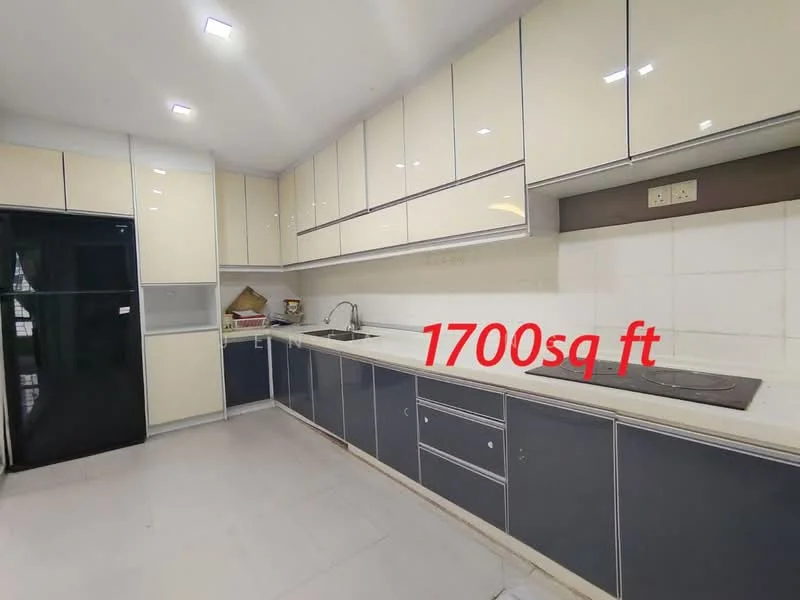 Kitchen features: light beige cabinetry, dark blue lower cabinets, white countertop, stainless-steel sink, chrome pull-down faucet, built-in stove, built-in oven, black refrigerator, tile backsplash, recessed LED downlights, grey tile flooring, open shelving, kitchen island, wall-mounted cabinets; style: modern.