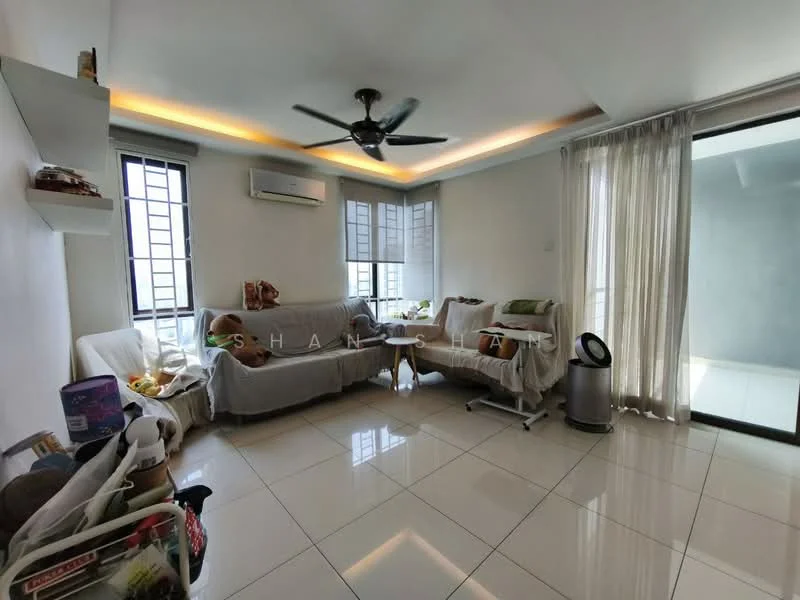 Living features: white painted walls, glossy ceramic tile flooring, 5-blade ceiling fan with light, floor-to-ceiling windows, sheer curtains, sofa with slipcovers, coffee table, air conditioning unit, decorative wall shelf, natural light from windows; style: modern.