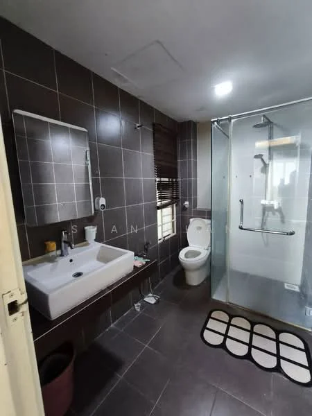 Bathroom features: dark tiled walls, light grey tiled flooring, glass shower enclosure, rain shower head, handheld shower, white wall-mounted sink, chrome basin mixer faucet, one-piece toilet, framed mirror, roller blinds on window, bath mat, towel rack; style: modern.