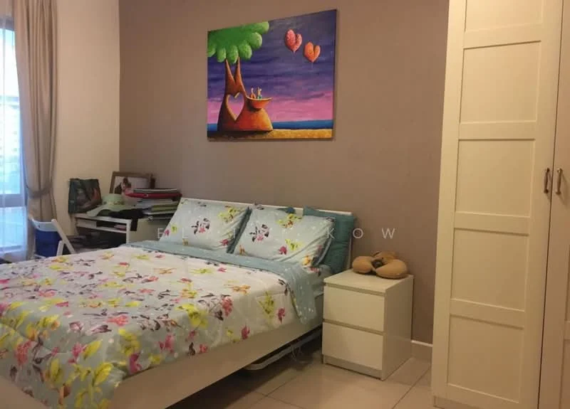Bedroom features: queen-size bed with floral bedding, upholstered headboard, nightstand with drawer, framed artwork on wall, built-in wardrobe with sliding doors, study desk with chair, window with sheer curtains, tile flooring; style: modern.