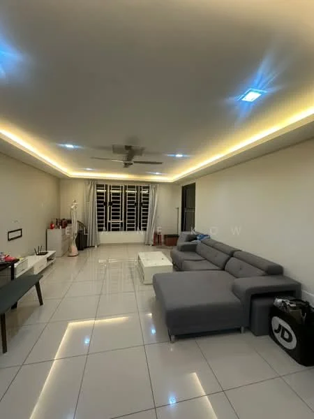 Living features: L-shape sectional sofa in grey, coffee table, TV console, wall-mounted TV, recessed LED downlights, 5-blade ceiling fan, white painted walls, glossy tile flooring, floor-to-ceiling windows with sliding glass doors, sheer curtains, decorative wall art, area rug; style: modern.
