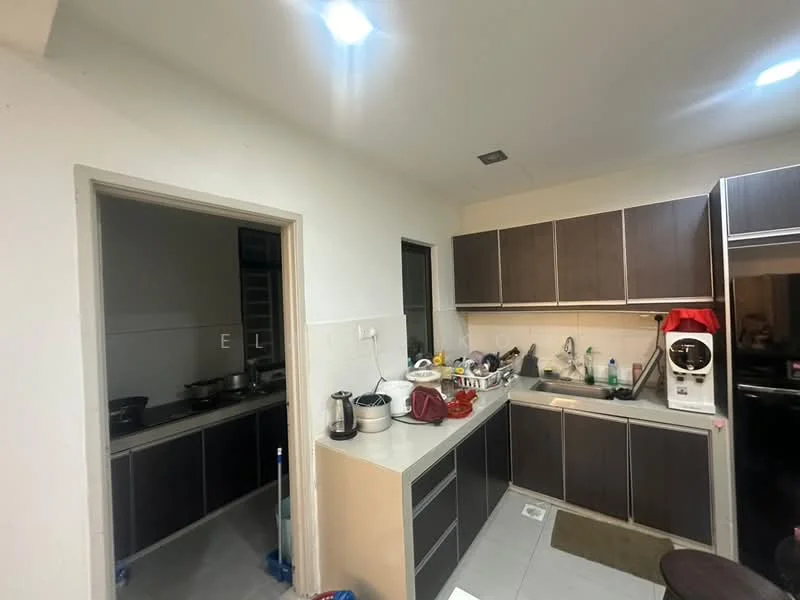 Kitchen features: dark wood cabinetry, white countertop, stainless-steel sink, chrome pull-down faucet, built-in oven, freestanding refrigerator, ceramic tile flooring, recessed downlights, wall-mounted cabinets, kitchen island, open shelving, window above sink; style: modern. Room features: dark cabinetry, stainless-steel appliances, ceramic tile flooring.