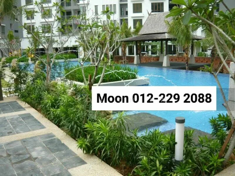 Exterior type: landscape garden; features: swimming pool with water features, pool deck with loungers, tropical landscaping, manicured lawn, paved walkway, gazebo with thatched roof, lush greenery, decorative stone elements; style: tropical-modern.
