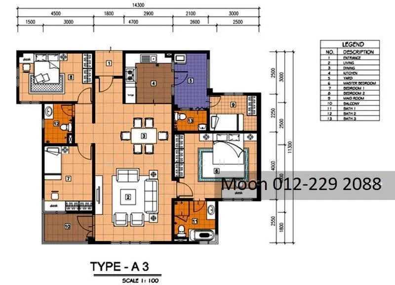Floor plan: 3-bedroom 2-bathroom unit; features: open-plan kitchen-dining-living, master bedroom with ensuite bathroom, balcony off living room, utility room, laundry area, central foyer, 2 car porch.