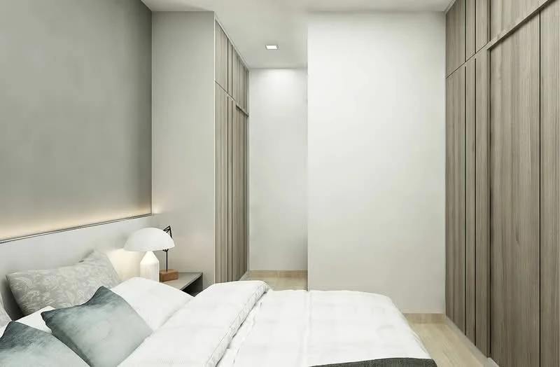 Bedroom features: queen-size bed with white bedding, decorative pillows in grey and teal, wooden headboard, built-in wardrobe with wood paneling, white painted walls, recessed ceiling lights, light wood flooring, nightstand with lamp; style: modern.