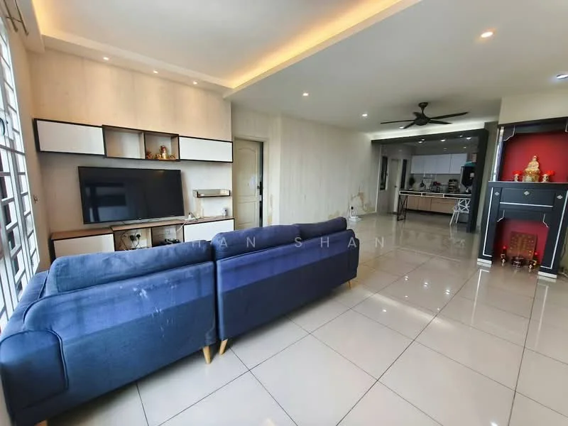 Living features: blue fabric sofa, wall-mounted TV, light wood cabinetry, white tiled flooring, recessed ceiling lights, 5-blade ceiling fan, decorative wall unit, open layout to kitchen, large windows, neutral painted walls; style: modern. Kitchen features: island counter with bar stools, white cabinetry, stainless-steel appliances, open layout to living area, grey backsplash, recessed lighting; style: modern.