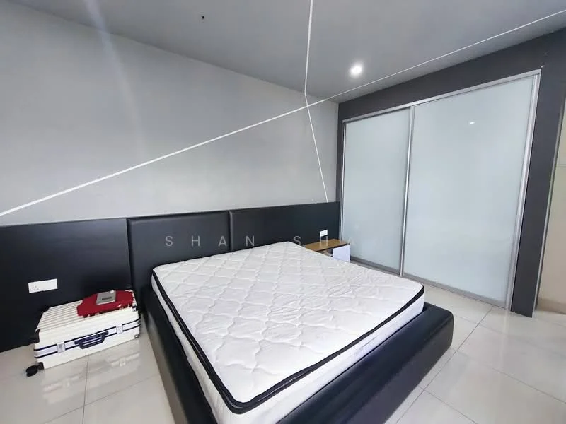 Bedroom features: queen-size bed, black upholstered headboard, white mattress, white bed linens, sliding glass wardrobe, grey accent wall, cream tiled flooring, recessed ceiling lights, wall-mounted electrical outlets; style: modern.
