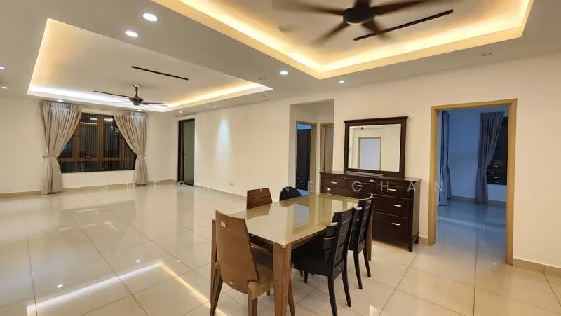 Dining features: dining table with 6 chairs, polished ceramic tile flooring, white painted walls, tray ceiling with recessed lighting, 5-blade ceiling fan, large windows with sheer curtains, mirror on sideboard, wooden sideboard, neutral color scheme; style: modern; view: city. Living features: open layout, polished ceramic tile flooring, white painted walls, tray ceiling with recessed lighting, 5-blade ceiling fan, large windows with sheer curtains, neutral color scheme; style: modern; view: city.