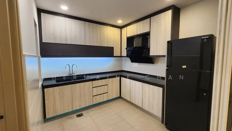 Kitchen features: black granite countertop, light wood cabinetry, dark wood upper cabinets, stainless-steel sink, chrome pull-down faucet, built-in black range hood, black refrigerator, tile flooring, under-cabinet lighting, open shelving, kitchen island, wall-mounted cabinets; style: modern.