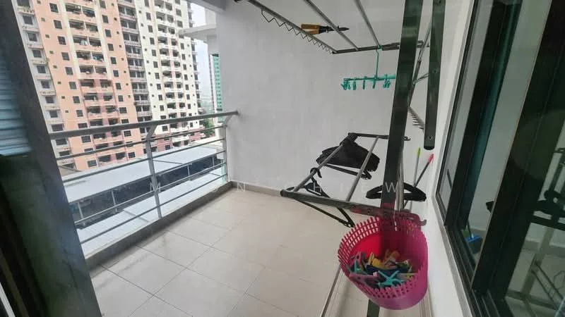 Balcony features: tiled flooring, metal railing, clothes drying rack, hanging clothes, plastic basket with clothespins, city view, sliding glass door, white painted walls; view: city.