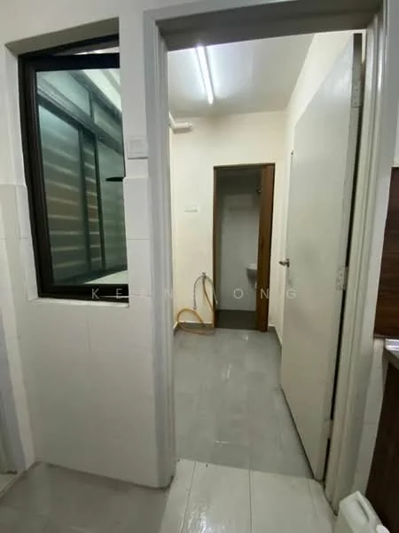 Room features: white painted walls, grey tiled flooring, window with horizontal slats, doorway leading to another room, door with handle, light fixture on ceiling.