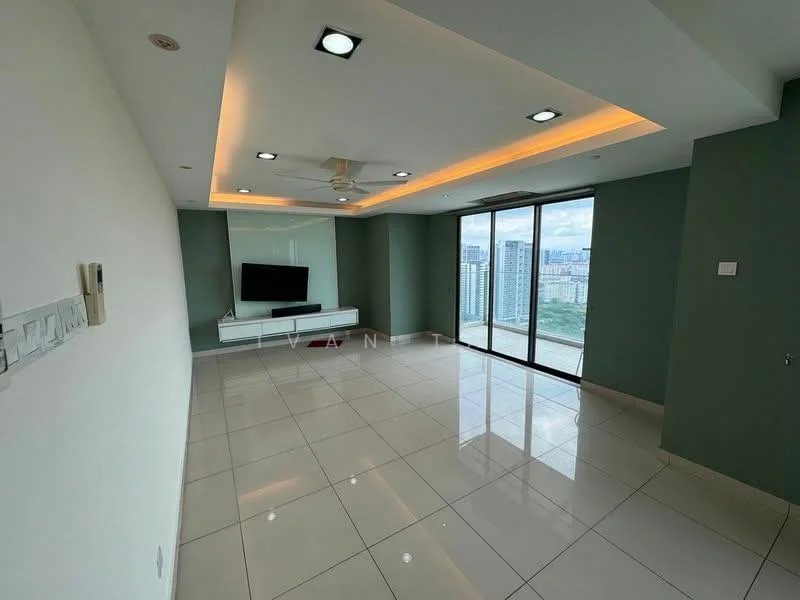 Living features: white painted walls, green accent wall, glossy ceramic tile flooring, tray ceiling with recessed lighting, 5-blade ceiling fan, wall-mounted TV, TV console, floor-to-ceiling windows, city view, LED strip lighting; style: modern; view: city.