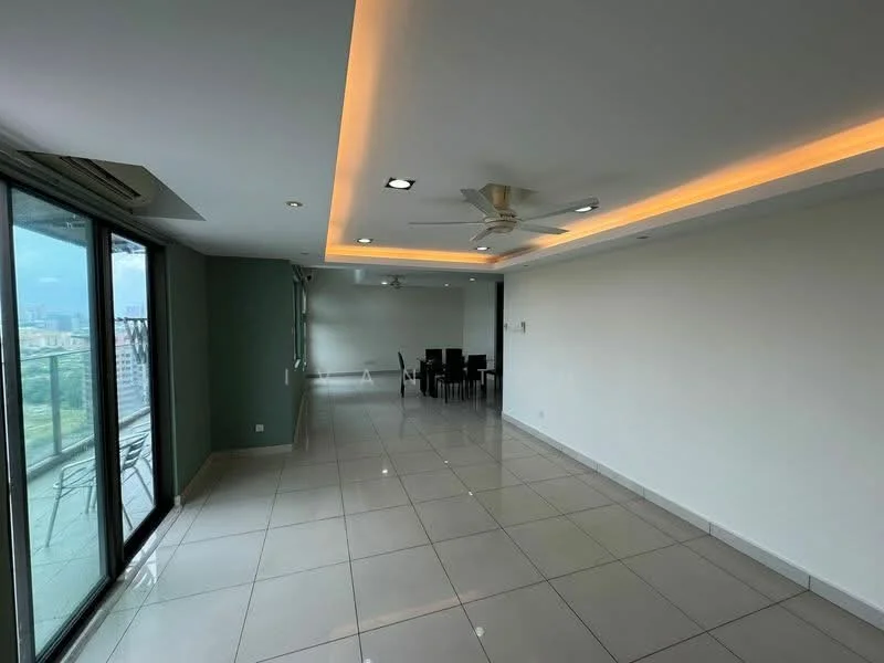Living features: large floor-to-ceiling windows, sliding glass door, white painted walls, recessed ceiling lights, 5-blade ceiling fan with light, grey accent wall, white tiled flooring, crown moulding, open layout, dining area adjacent; style: modern; view: city.
