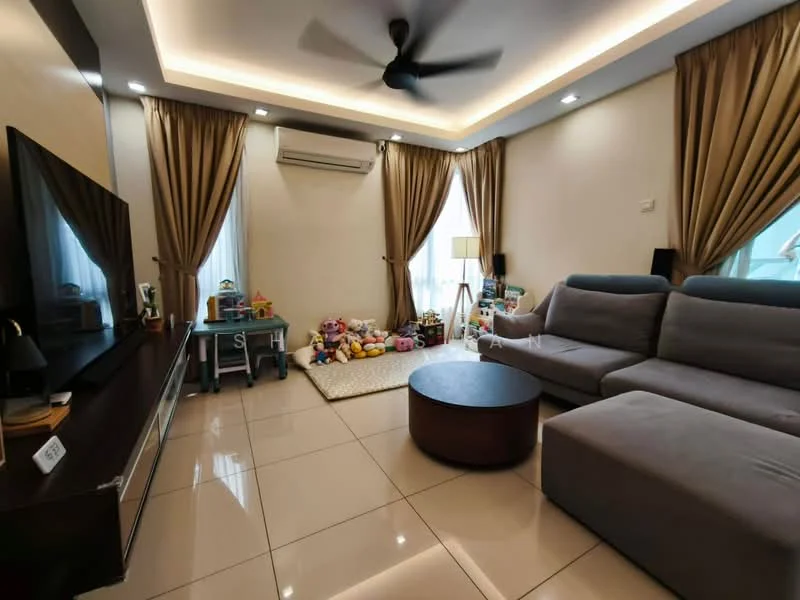 Living features: grey fabric sectional sofa, round wooden coffee table, wall-mounted TV, TV console, 5-blade ceiling fan with light, recessed LED downlights, cream painted walls, floor-to-ceiling windows with sheer curtains, tile flooring, decorative area rug, children's play area with toys; style: modern.