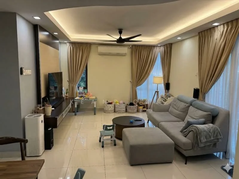 Living features: 3-seater fabric sofa in grey, round wooden coffee table, wall-mounted TV, TV console, floor-to-ceiling windows, sheer curtains, dropped ceiling with recessed lighting, 5-blade ceiling fan, air conditioning unit, decorative lamp, decorative items in baskets, light-coloured tiled flooring; style: modern.