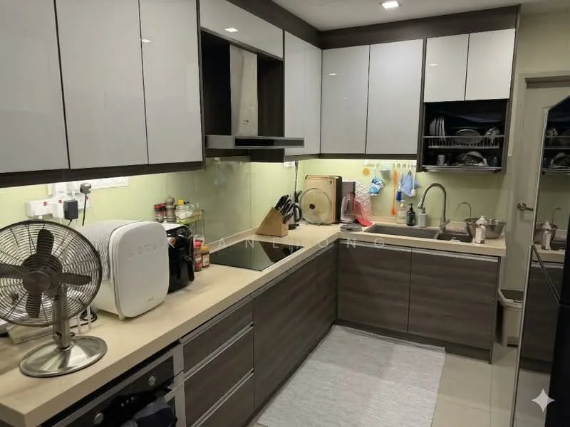 Kitchen features: laminate cabinetry in dark wood, white upper cabinets, quartz countertop, single-bowl stainless-steel sink, chrome pull-down faucet, built-in oven, stainless-steel kettle, toaster, kitchen utensils, wall-mounted fan, ceramic tile flooring, recessed downlights; style: modern.