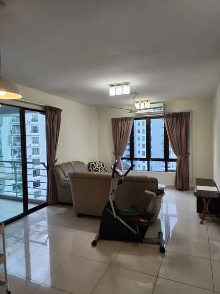 Living features: cream painted walls, white ceiling, recessed downlights, floor-to-ceiling windows, sliding glass door, beige fabric sofa, black exercise bike, wooden side table, curtains, glossy tile flooring, air conditioning unit; style: modern; view: city.