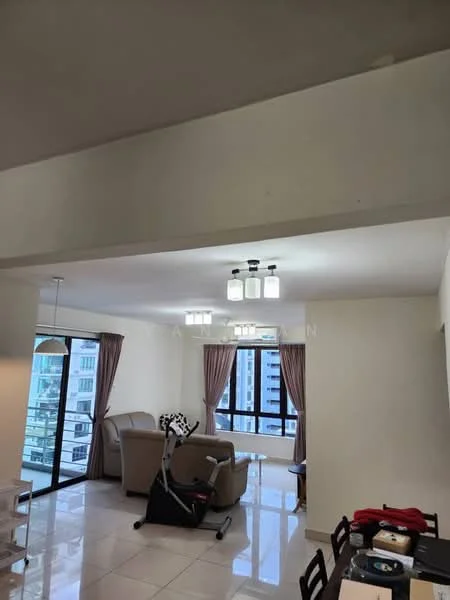 Living features: white painted walls, glossy tile flooring, 5-blade ceiling fan with light, floor-to-ceiling windows, curtains, sofa in beige, coffee table, exercise bike, dining table with chairs; style: modern; view: city.