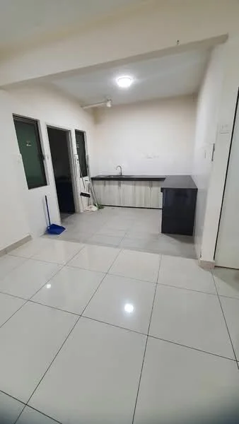 Kitchen features: single-bowl stainless-steel sink, chrome pull-down faucet, dark countertop, light wood cabinetry, ceramic tile flooring, white walls, recessed ceiling lights, floor-to-ceiling windows, cleaning supplies visible; style: modern.