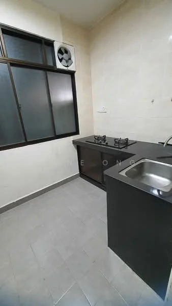 Kitchen features: grey tiled flooring, white painted walls, single-bowl stainless-steel sink, chrome faucet, black countertop, two-burner gas hob, wall-mounted split AC, large window with black frame, under-cabinet storage; style: modern.