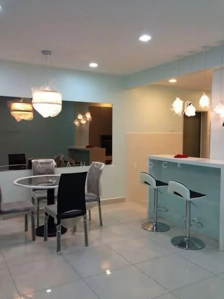 Dining features: round dining table with white top, 4 upholstered dining chairs in grey, bar counter with white surface, 2 high stools with chrome legs, pendant lighting fixtures, white tiled flooring, light blue painted walls, mirror feature on wall, recessed ceiling lights; style: modern.