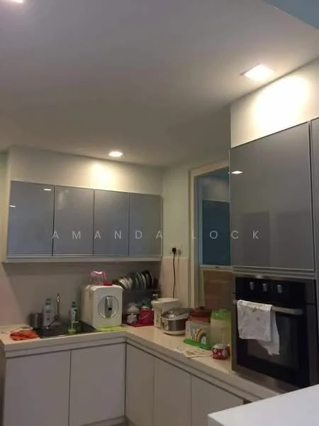 Kitchen features: white cabinetry with glossy finish, grey upper cabinets, light-colored countertop, built-in oven, stainless-steel fridge, single-bowl stainless-steel sink, chrome pull-down faucet, recessed LED downlights, dish rack, kitchen utensils, various containers, wall-mounted cabinets; style: modern.