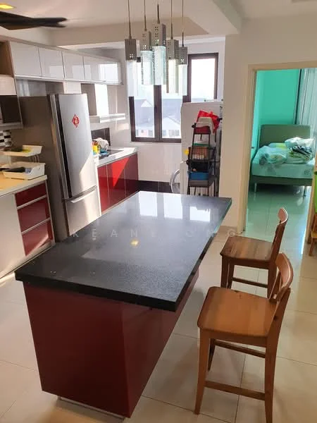 Kitchen features: island countertop with black granite surface, red cabinetry, stainless-steel fridge, built-in oven, ceramic tile flooring, pendant lighting above island, white upper cabinets, open shelving, two wooden bar stools, window with natural light, kitchen appliances visible, sink with faucet; style: modern.