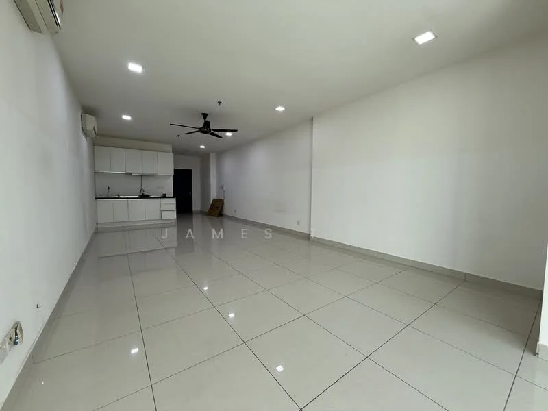 Living features: white painted walls, polished ceramic tile flooring, 5-blade ceiling fan with light, wall-mounted split AC, recessed downlights, open layout, kitchen area visible in background, no visible furniture; style: modern.