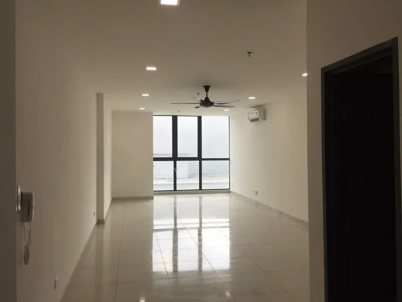 Living features: white painted walls, glossy ceramic tile flooring, recessed LED downlights, 5-blade ceiling fan, floor-to-ceiling windows, wall-mounted split AC, neutral color scheme, open layout; style: modern; view: city.